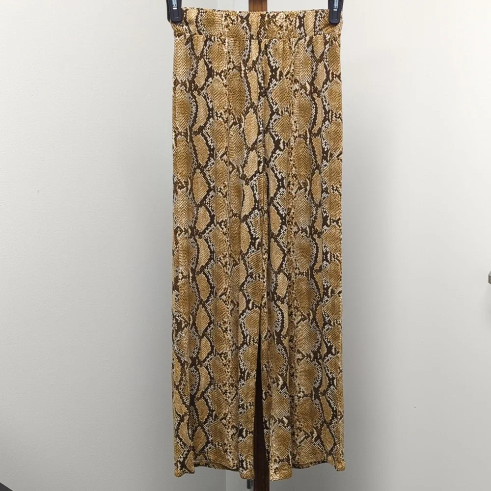 🌻 H&M Pull On Brown Snakeskin Print Elastic Waist Wide Leg Jersey Pants XS - Picture 2 of 7